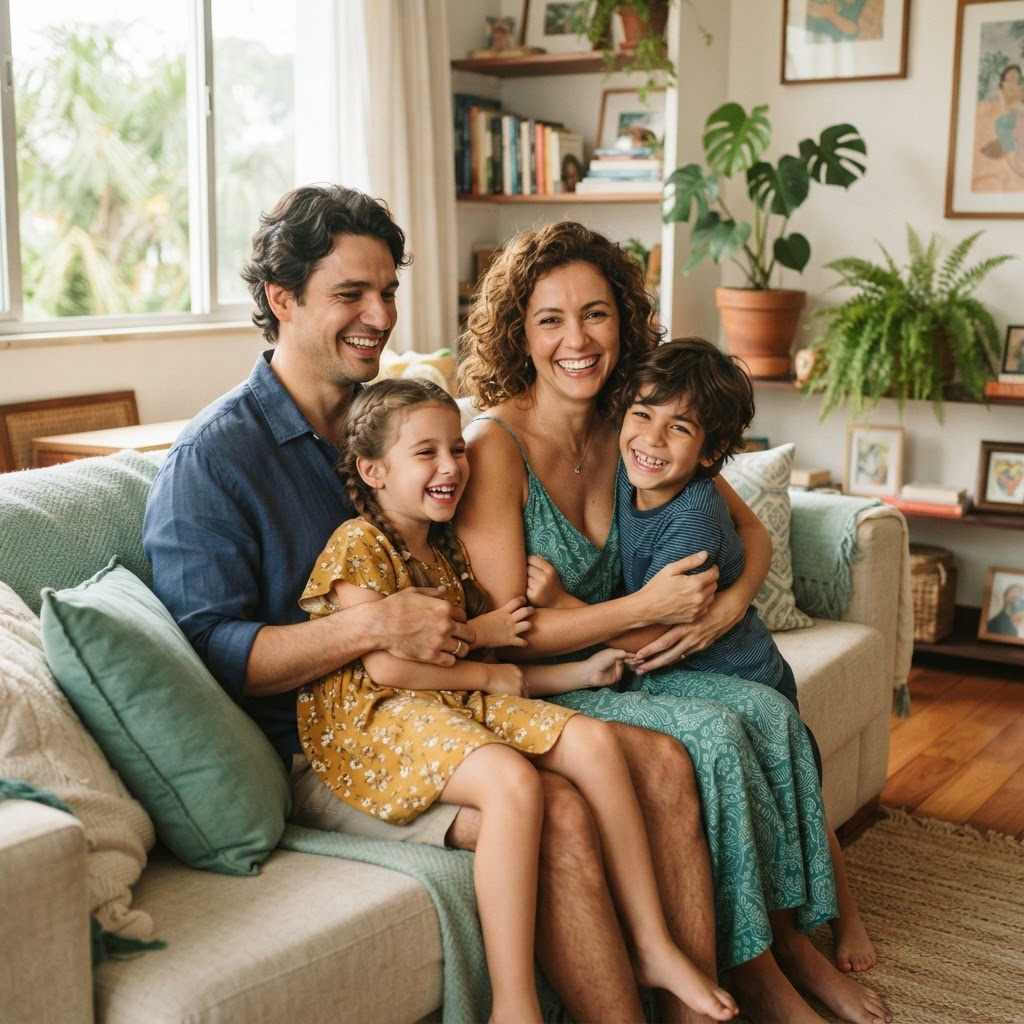 Família reunida e sorrindo em casa