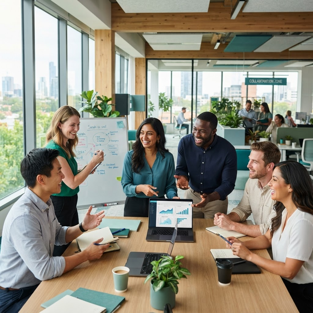 Equipe de trabalho saudável e engajada no escritório